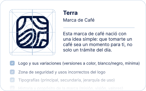 Ficha de la marca de café Terra con su logotipo, zona de seguridad y tipografías