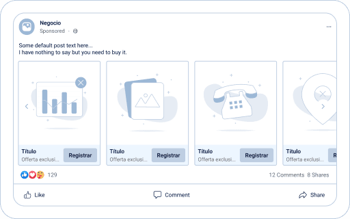 Maqueta de un anuncio de Facebook con un carrusel de tarjetas de oferta